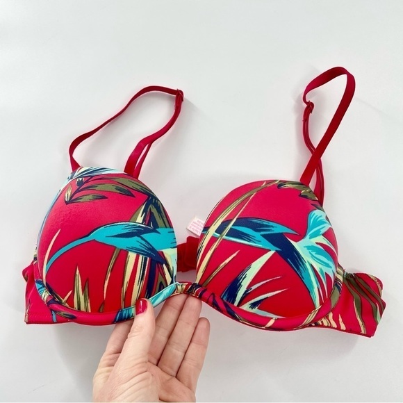 PINK Victoria’s Secret Wear Everywhere Push-Up Bra‎ 32B Red Tropical Palm Print - Picture 3 of 9
